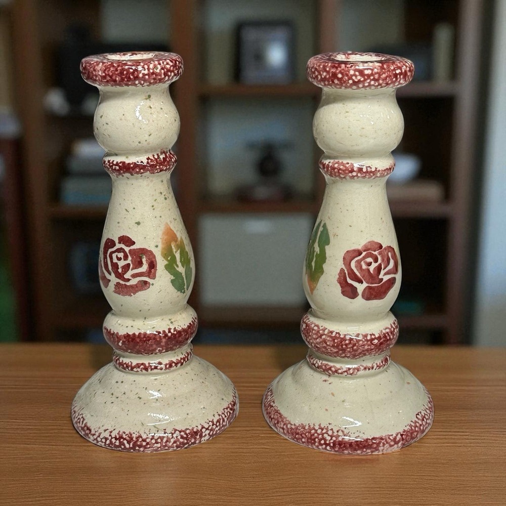 VTG Candle Holders Ceramic Spongeware Taper Rose Speckled Country Farmhouse 7.5"